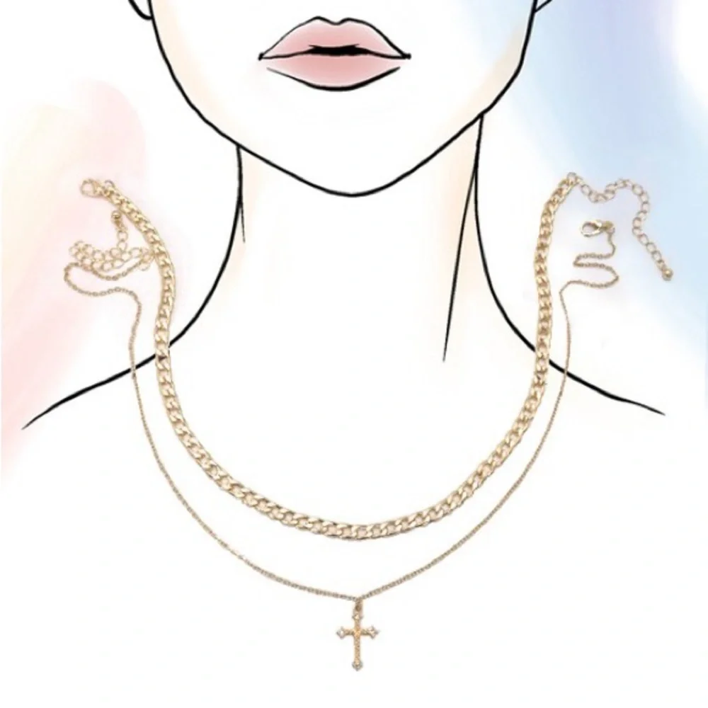 DOUBLE LAYER CROSS CHARM PENDANT NECKLACE gold plated set